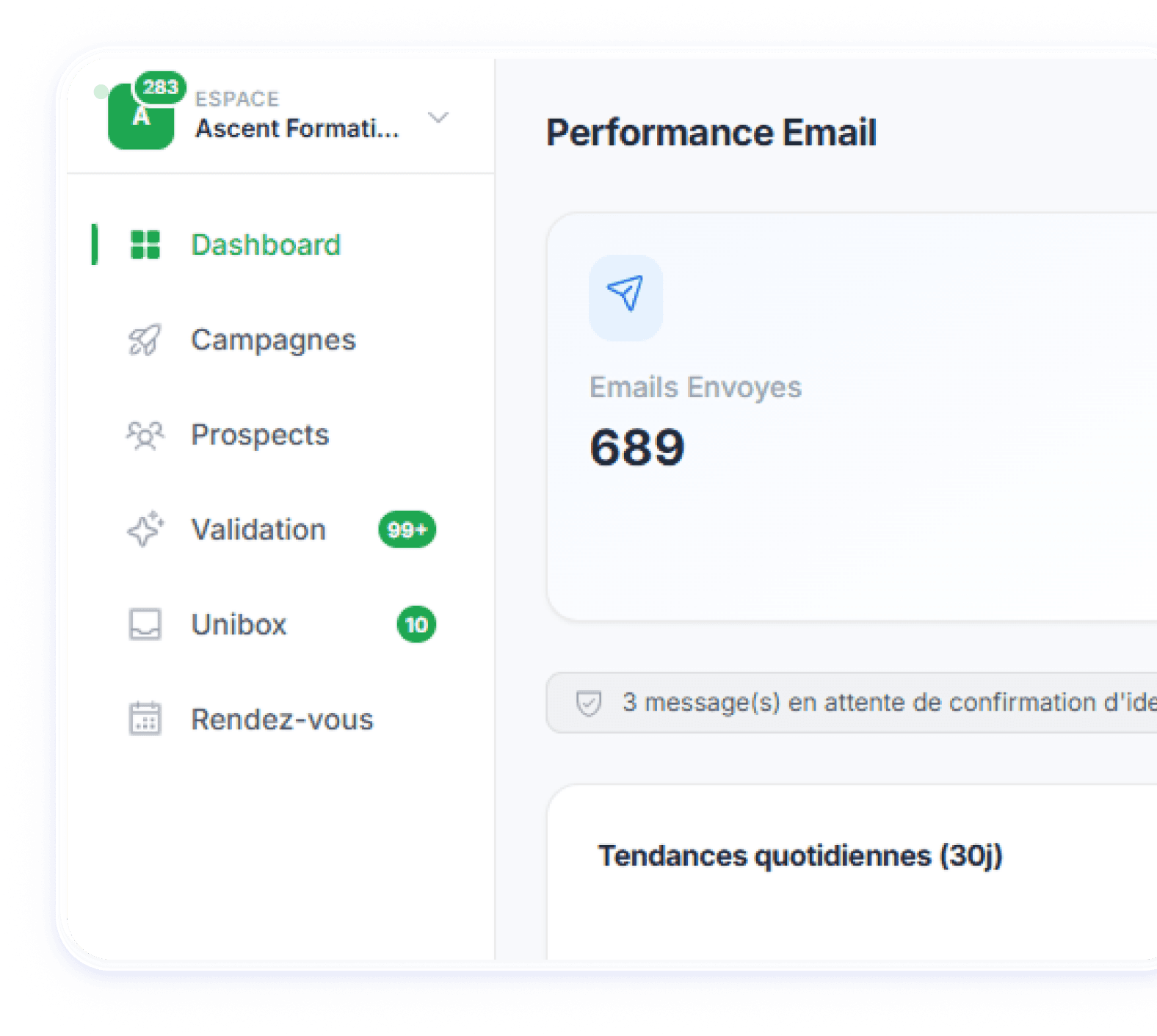 Aperçu du tableau de bord Harpoonr : campagnes, prospects, boîte de réception et suivi des emails
